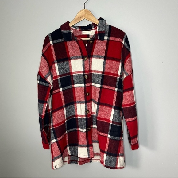 Goodnight Macaroon Winnie Red Plaid Flannel Button Up Shacket Size Medium NWT - Picture 2 of 16